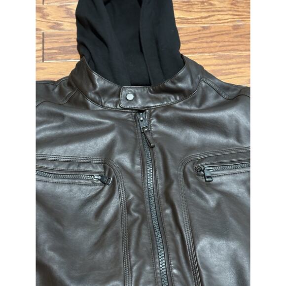 Calvin Klein Men's Dark Brown Faux Leather Jacket w/ Removable Hood, Size Large - Picture 3 of 8